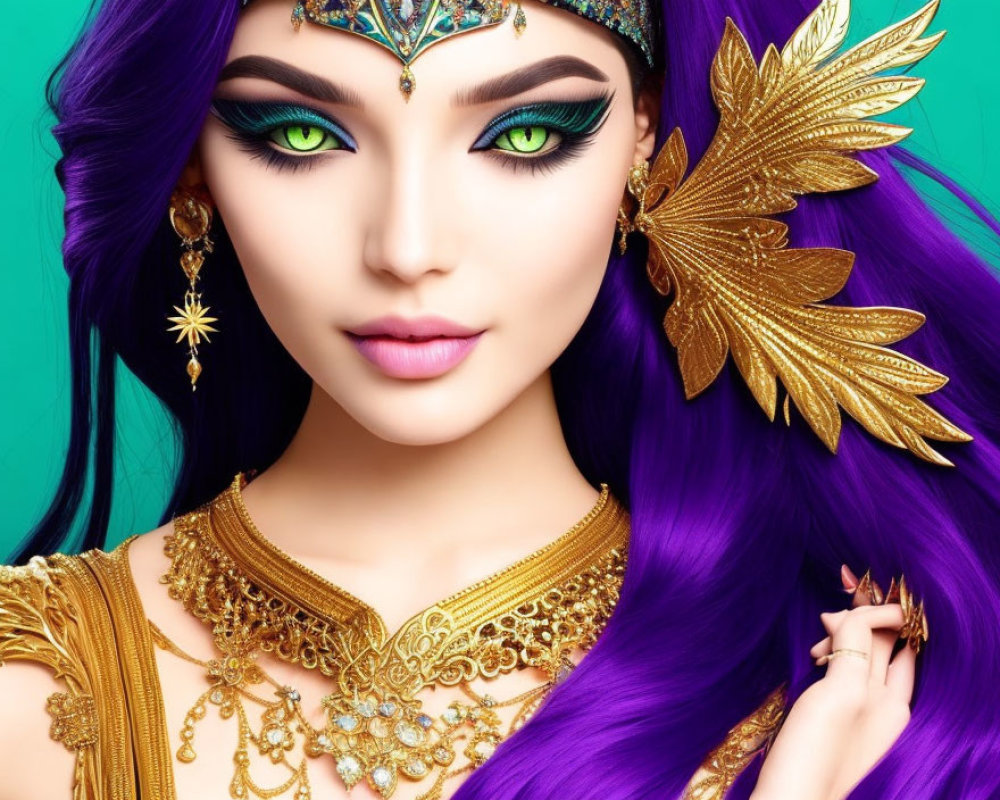 Vibrant purple-haired woman with green eyes in golden jewelry on teal background