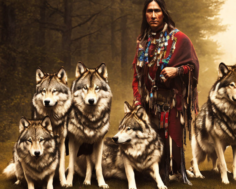 Native American person in traditional attire with wolves in misty forest