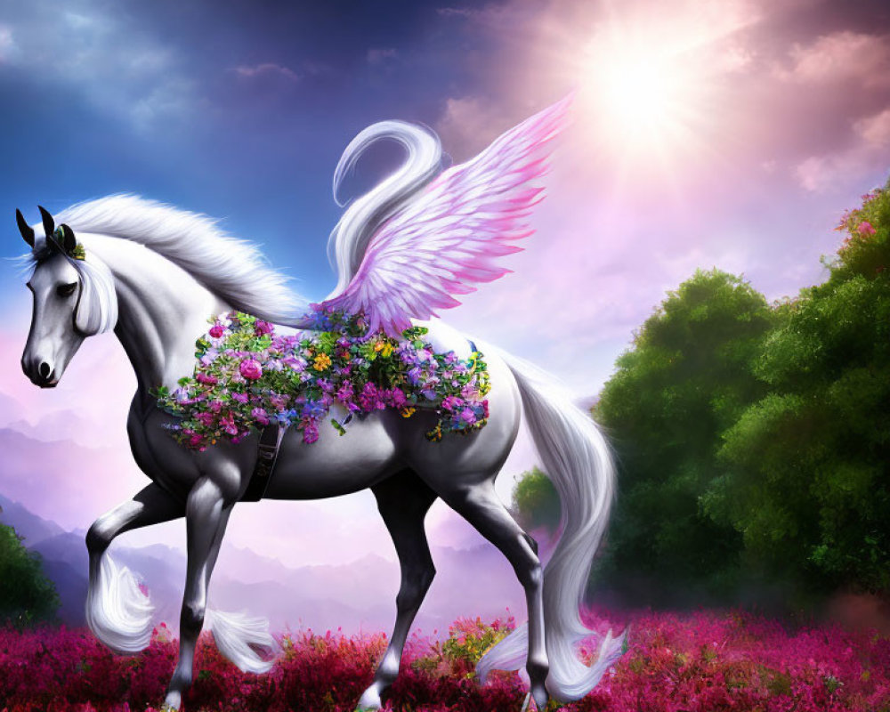 Winged unicorn with floral garland in pink flower field