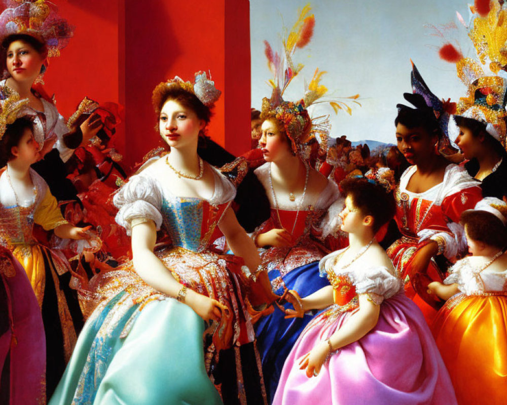 Historical women in colorful gowns and headdresses in a red room