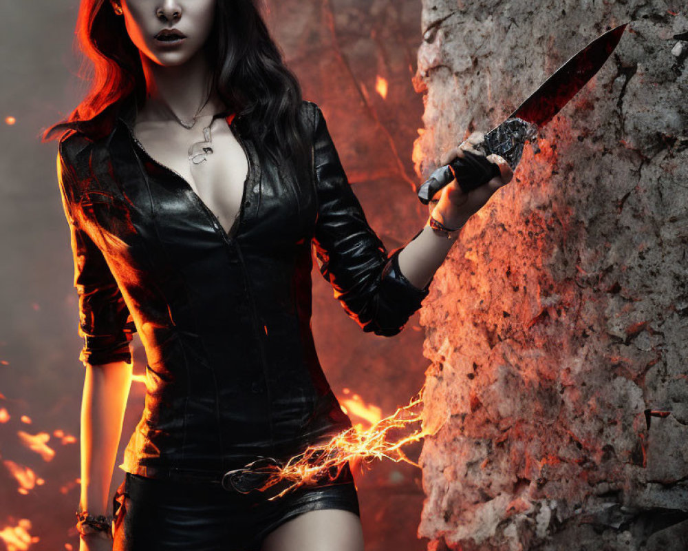 Woman in black leather outfit with knife against fiery background