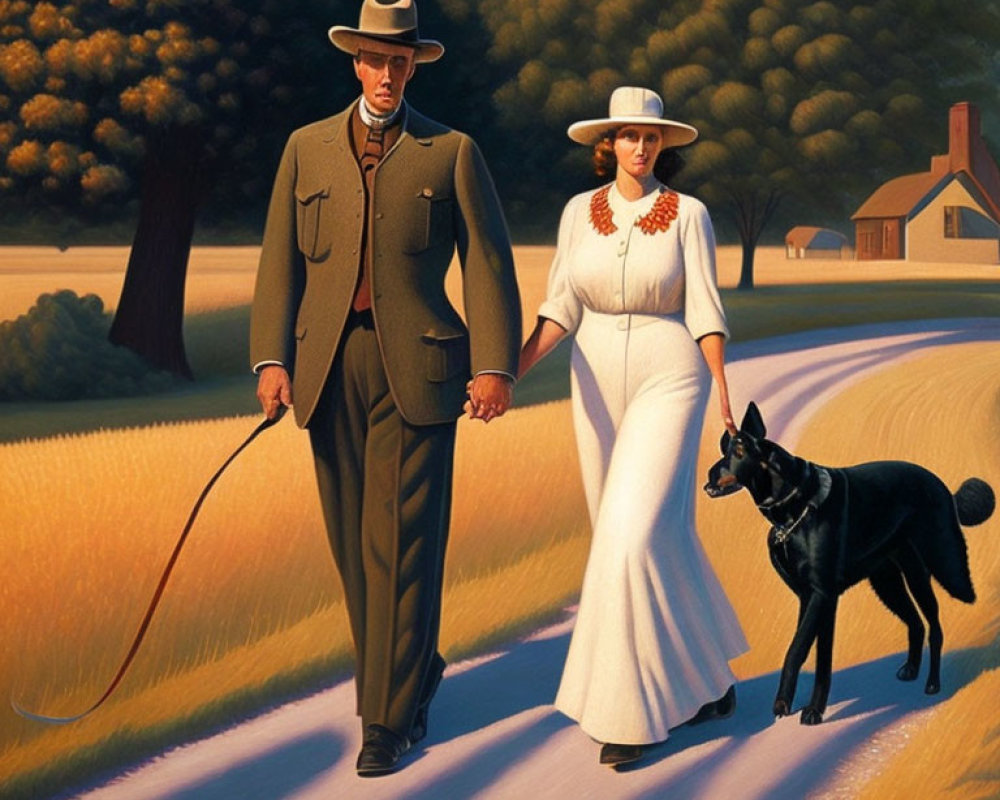 Vintage-dressed couple with black dog on country road at sunset