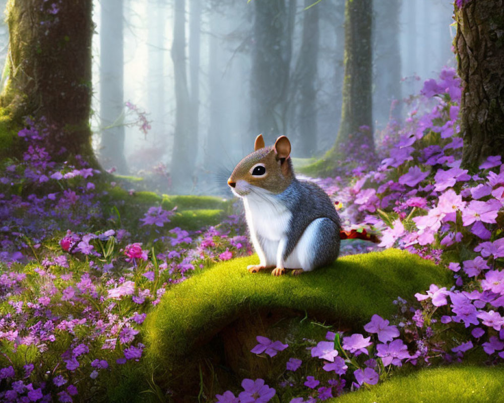 Squirrel on Moss-Covered Rock in Purple Flower Forest