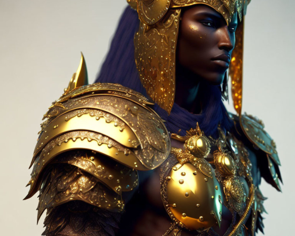 Blue-skinned figure in ornate golden armor and helmet exudes strength and nobility