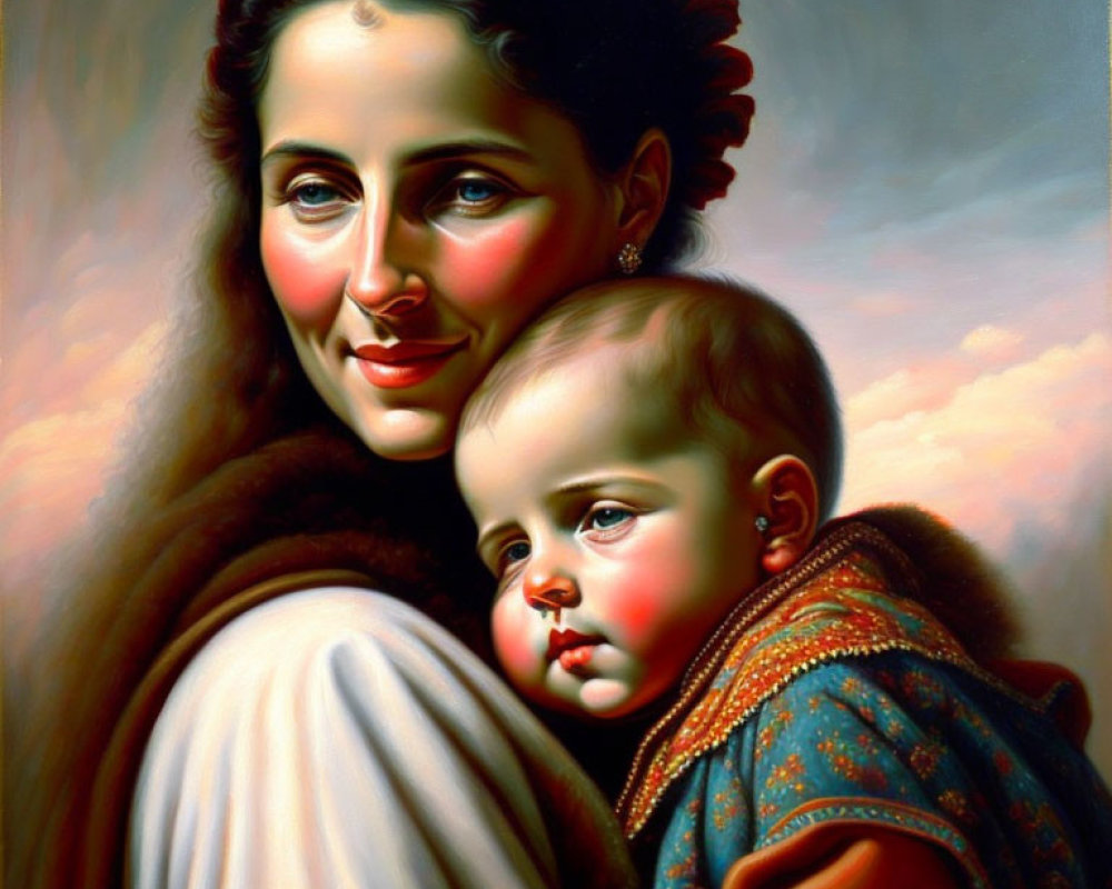 Mother holding young child, both with rosy cheeks, mother smiling gently.