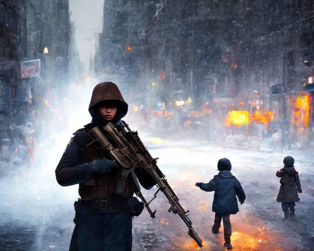 Soldier in combat gear in snowy urban setting with children walking towards fiery glow