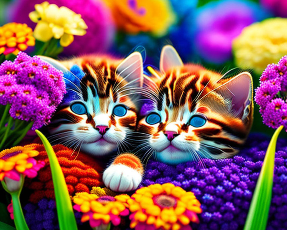 Colorful Kittens Resting in Vibrant Flower Garden