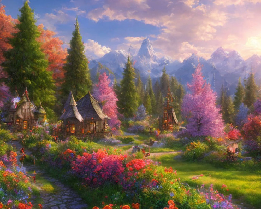 Scenic village with cottages, blooming gardens, and mountains at sunset