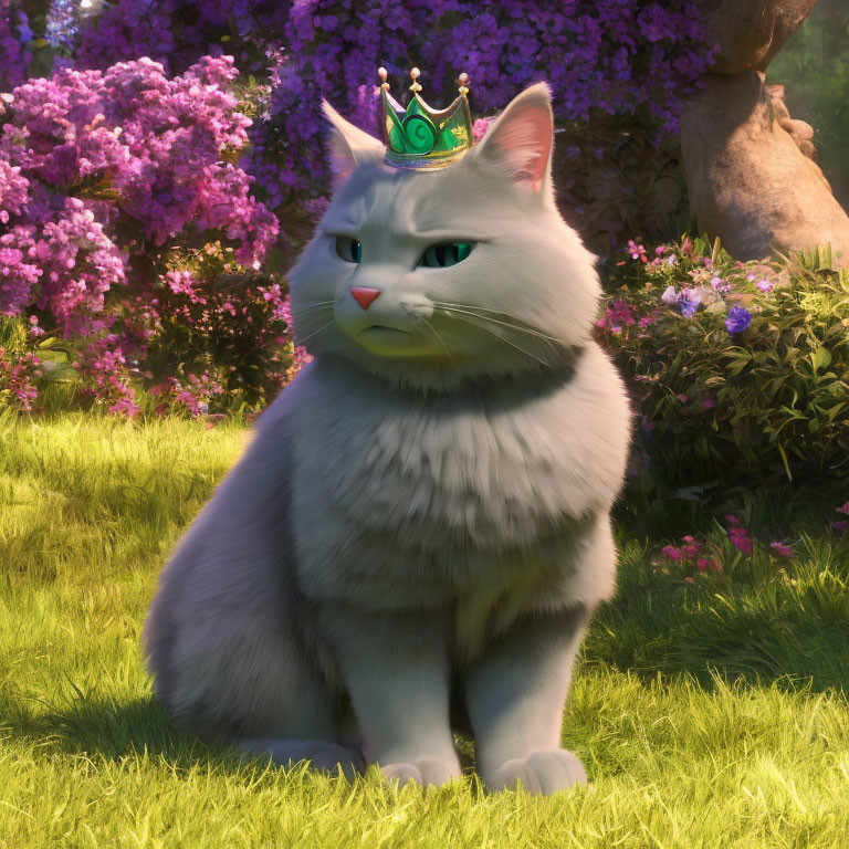 White Cat with Green Crown in Sunlit Garden with Flowers