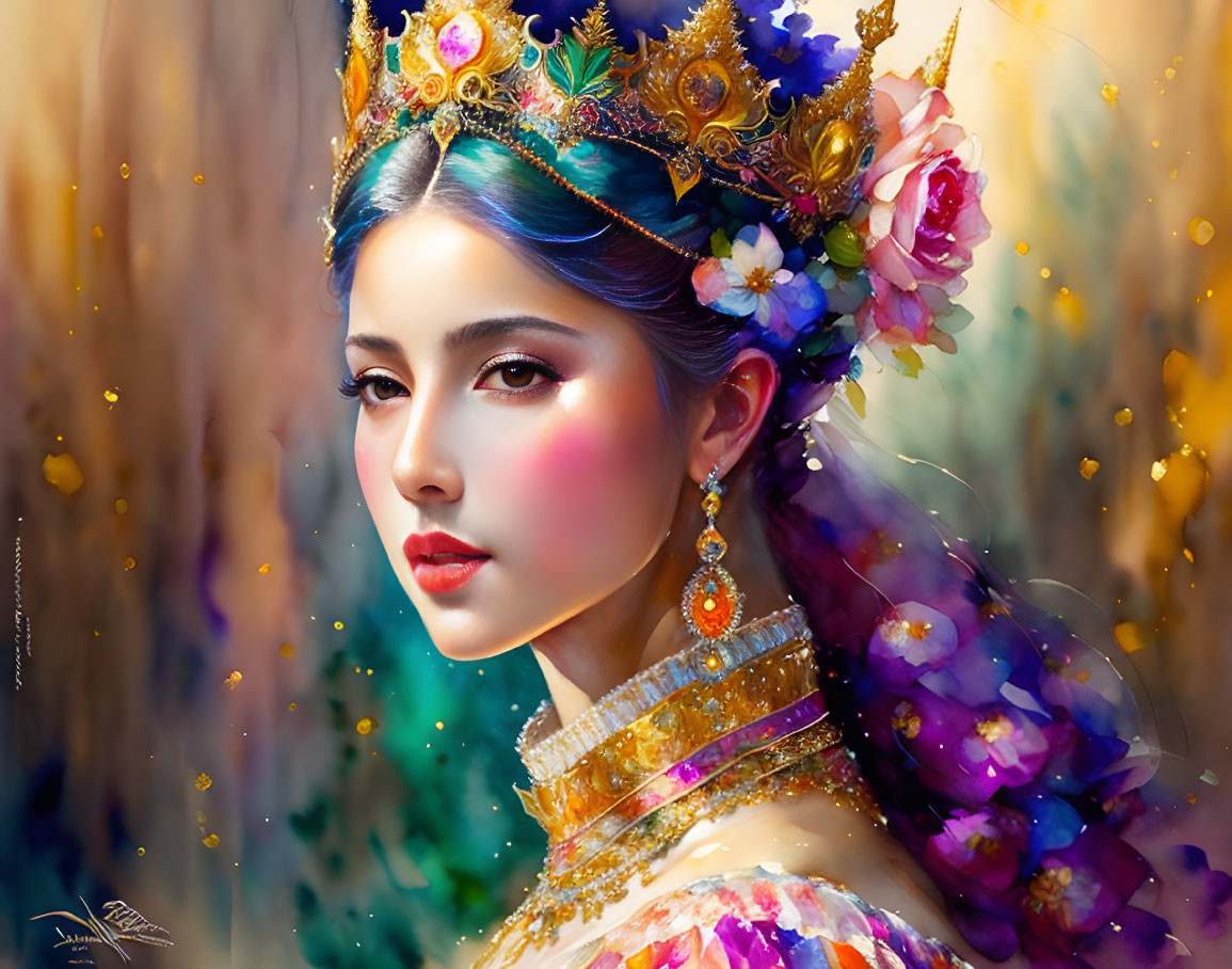 Woman with Floral Crown and Ornate Jewelry in Vibrant Colors on Soft Background