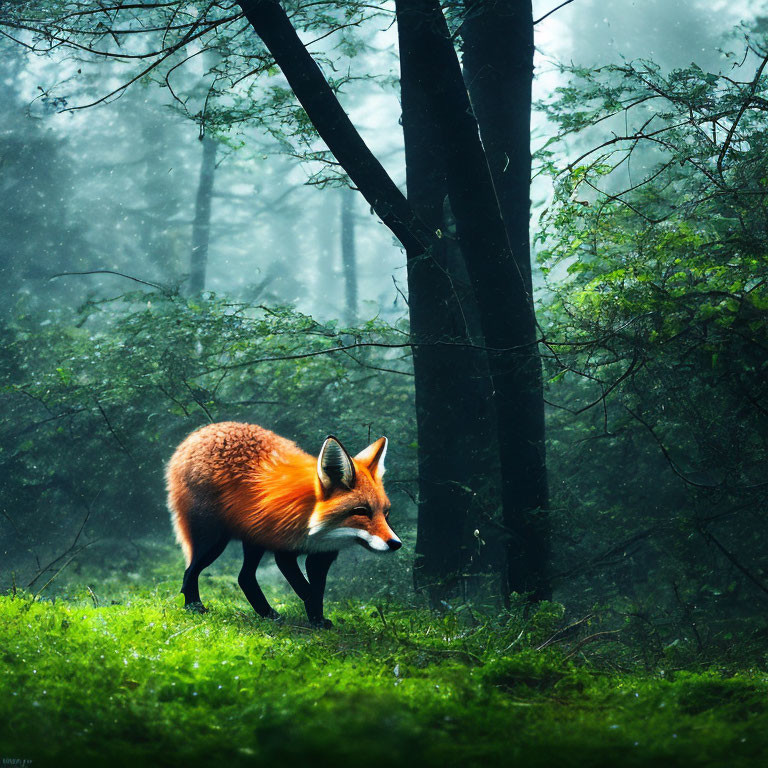 Vibrant orange fox in misty green forest with foggy trees