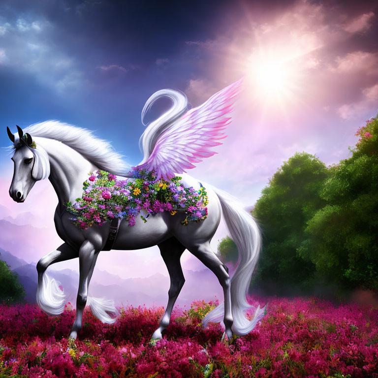 Winged unicorn with floral garland in pink flower field