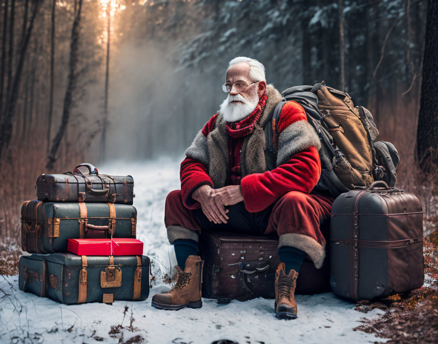 Elderly man with white beard in red and grey attire sitting by suitcases in misty pine