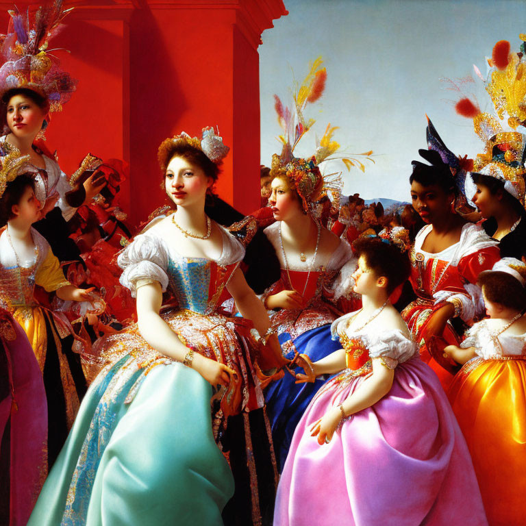 Historical women in colorful gowns and headdresses in a red room