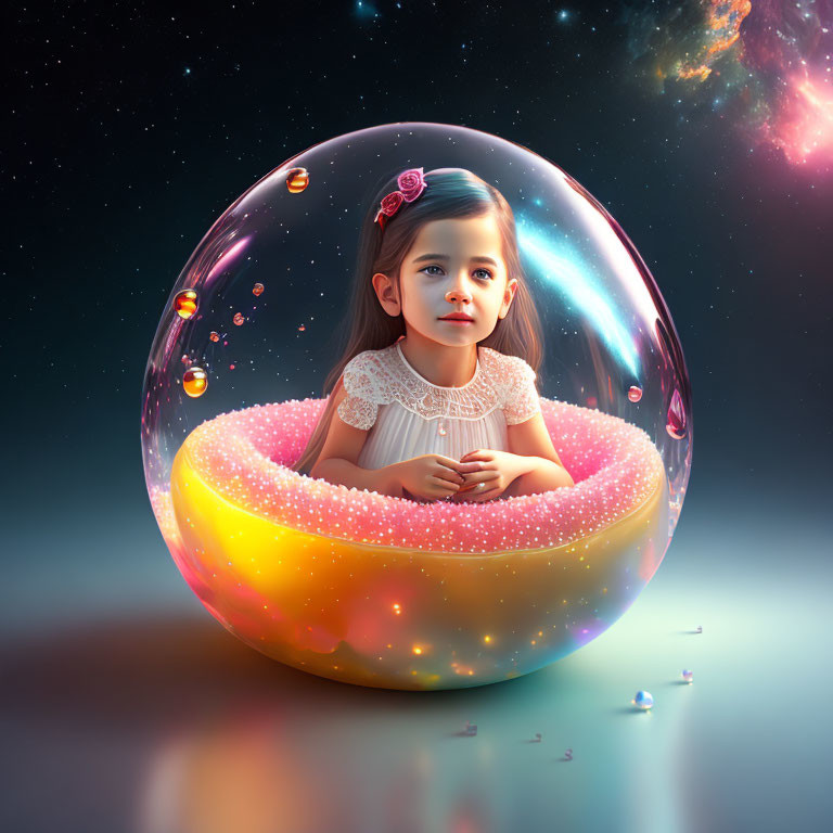 Young girl in luminous bubble surrounded by stars and celestial colors