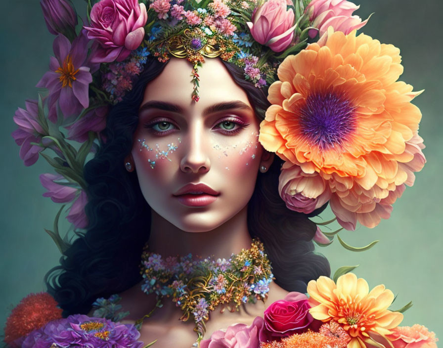 Woman with Floral Crown and Vibrant Flowers in Sparkling Makeup