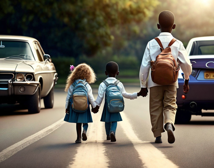 Three children in school uniforms walking with vintage car in lush greenery