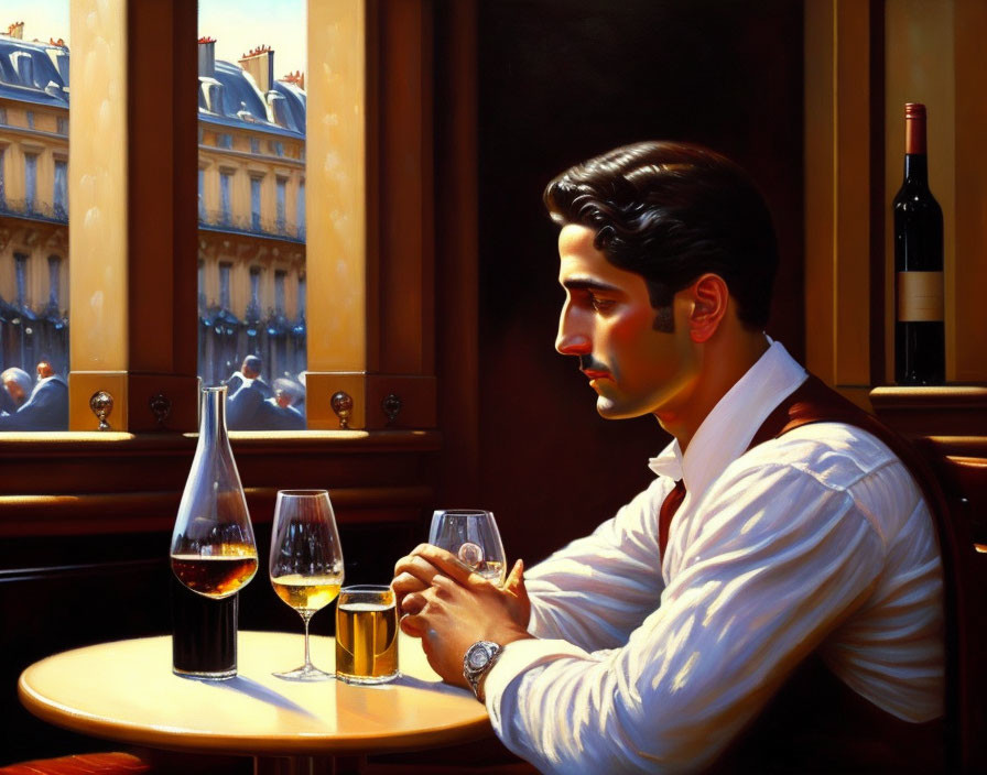 Man sitting at cafe table with wine bottle, looking at sunlit cityscape