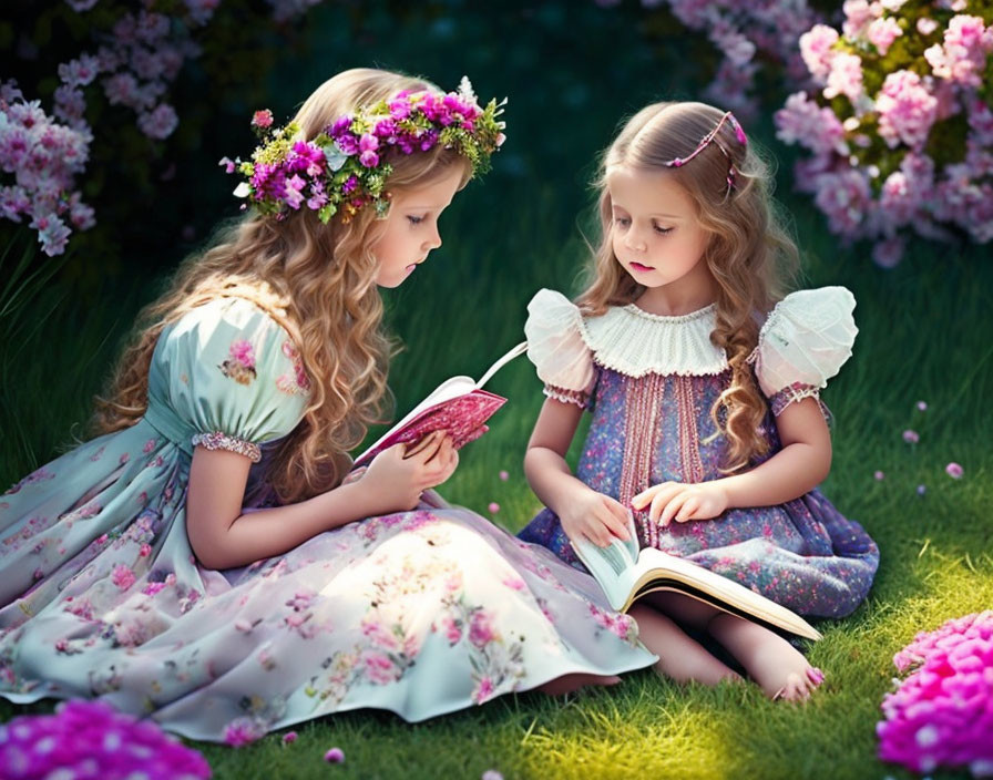 Two girls in floral dresses reading book in lush garden