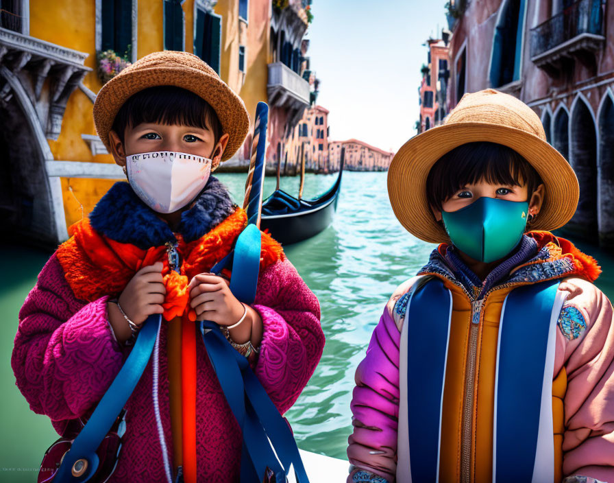 Children in masks and straw hats by Venetian canal.