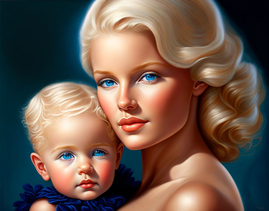 Blonde-Haired Woman and Child Illustration on Teal Background