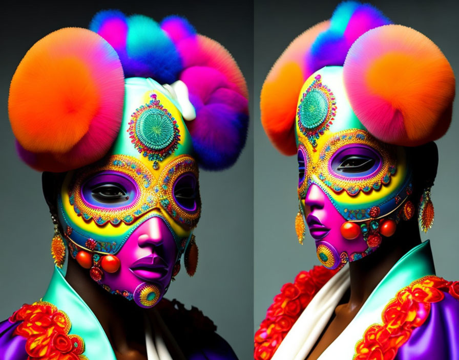 Colorful Mask and Headdress Portrait in Vibrant Hues