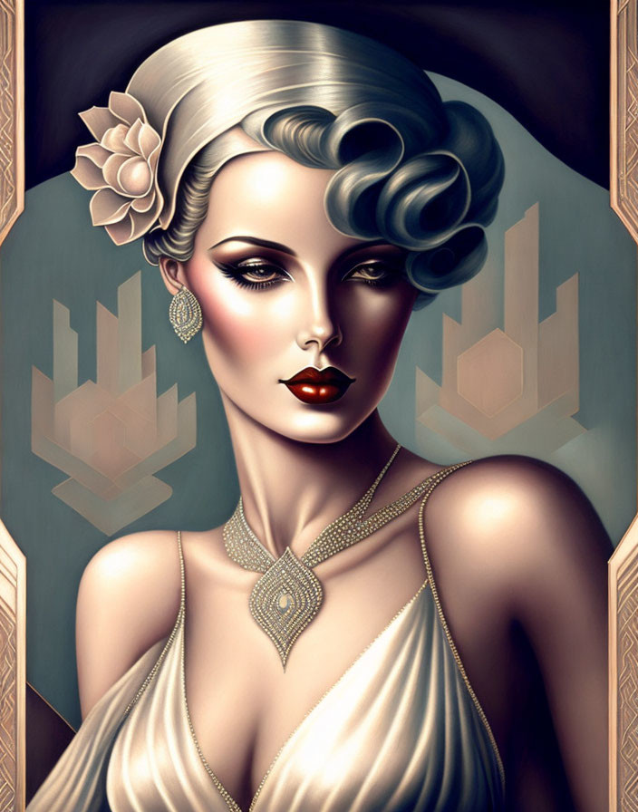 Vintage-inspired illustration of elegant woman with flower, dramatic makeup, flowing dress, and decorative jewelry.