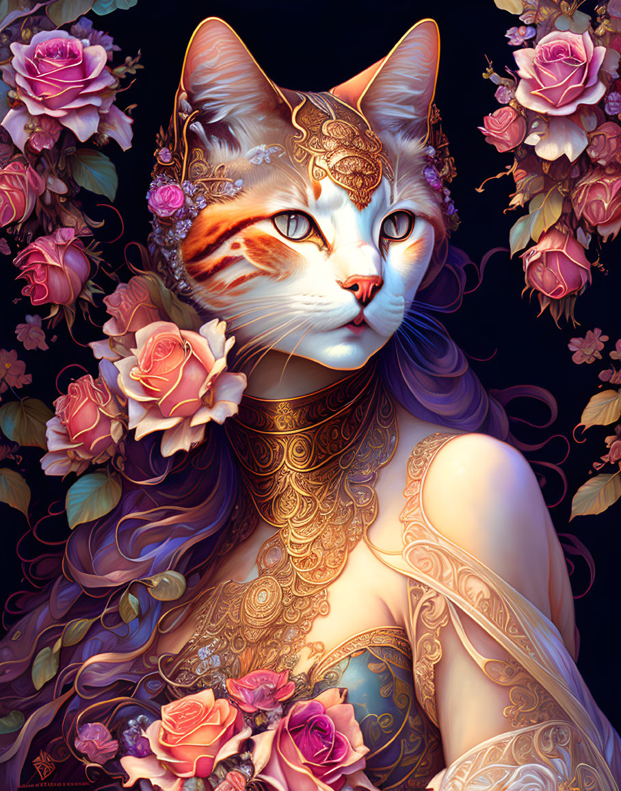 Regal cat with golden tattoos among pink roses on dark backdrop