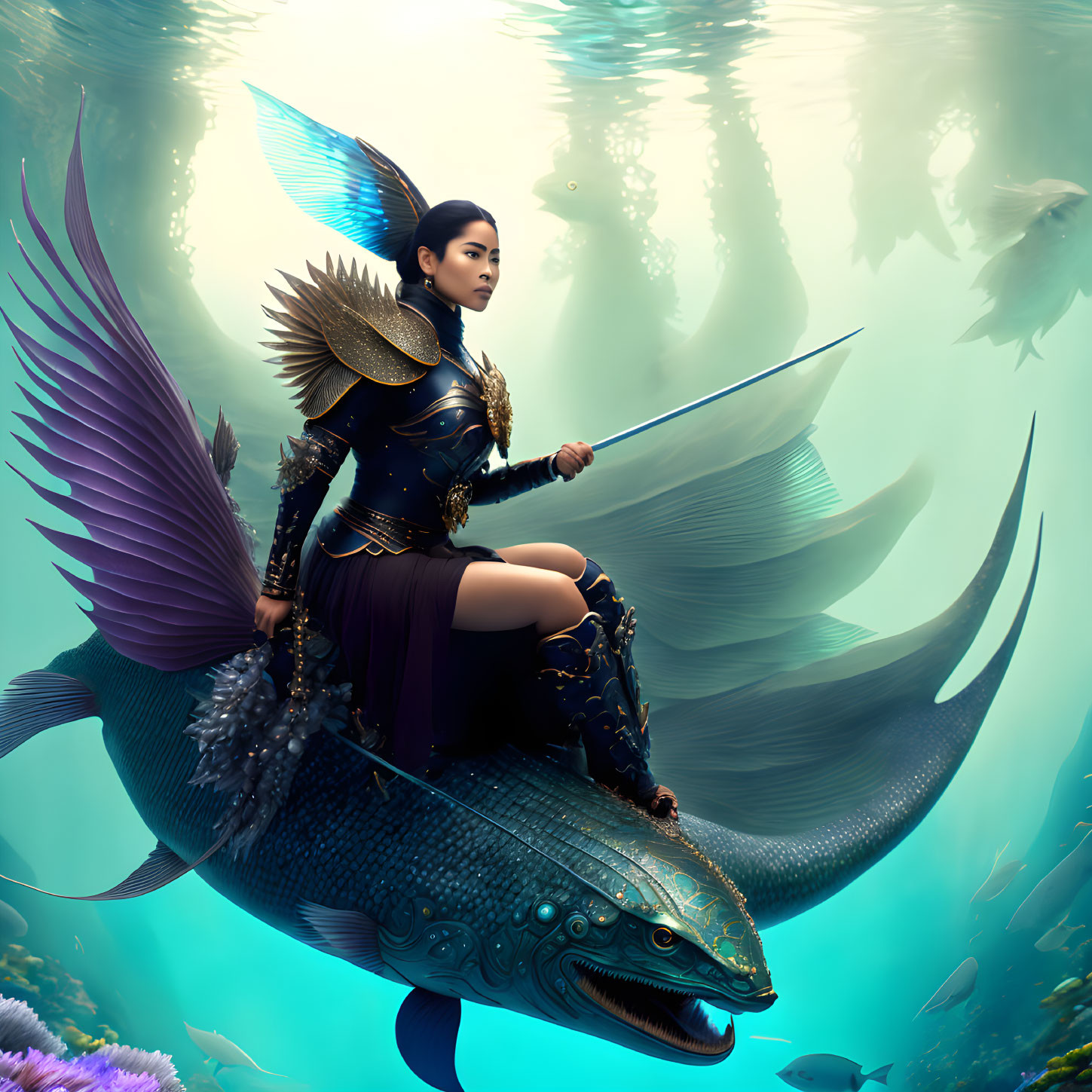 Warrior woman in ornate armor rides giant fish underwater with mystical ambiance.