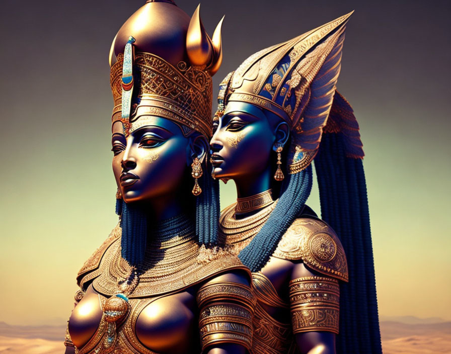 Egyptian-style digital art featuring two figures in golden headpieces and armor in a desert setting