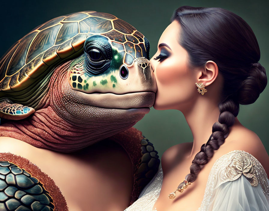 Braided Woman Kissing Realistic Turtle on Nose