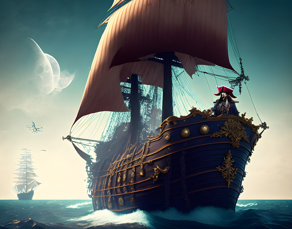 Golden-trimmed pirate ship with red sails sailing under moonlit sky