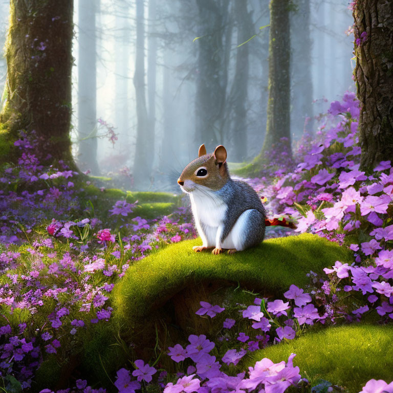 Squirrel on Moss-Covered Rock in Purple Flower Forest