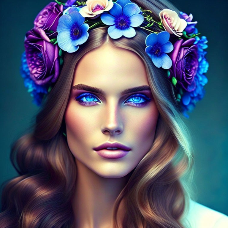 Woman with Striking Blue Eyes and Floral Wreath in Purple and Blue Flowers