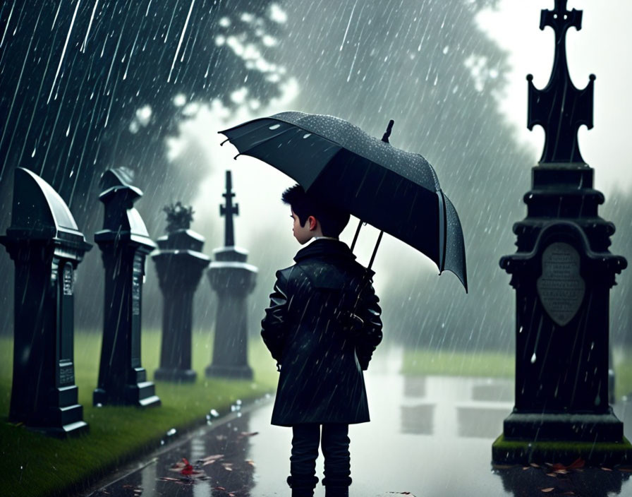 Person with umbrella in rainy cemetery among tombstones