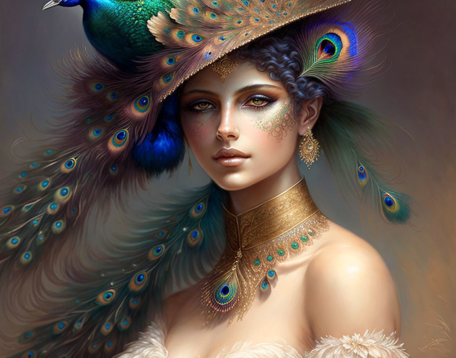 Ethereal woman portrait with peacock feather adornments