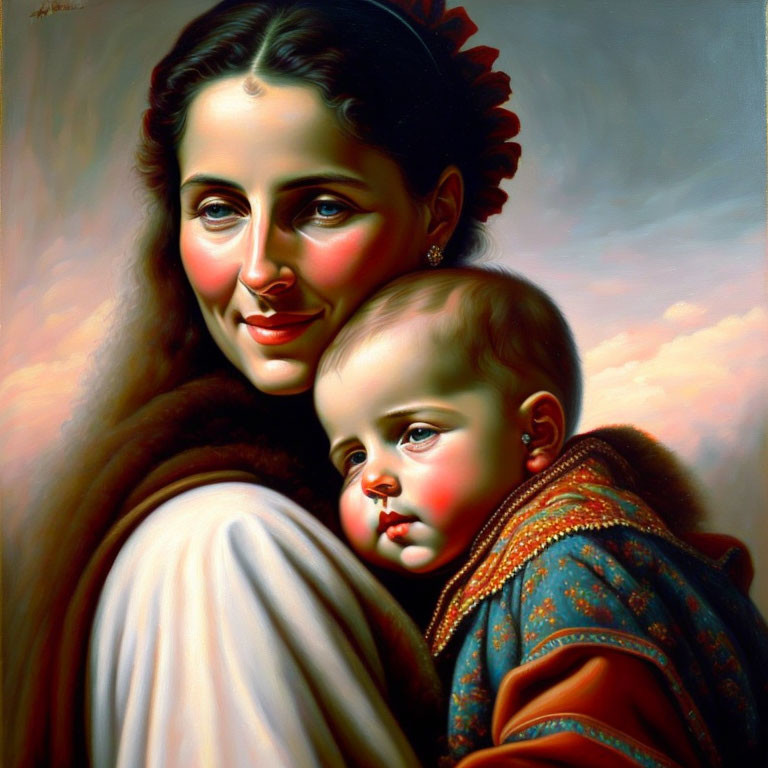 Mother holding young child, both with rosy cheeks, mother smiling gently.