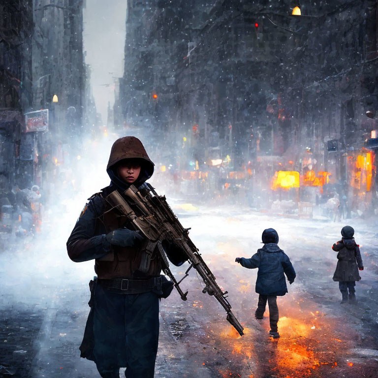 Soldier in combat gear in snowy urban setting with children walking towards fiery glow