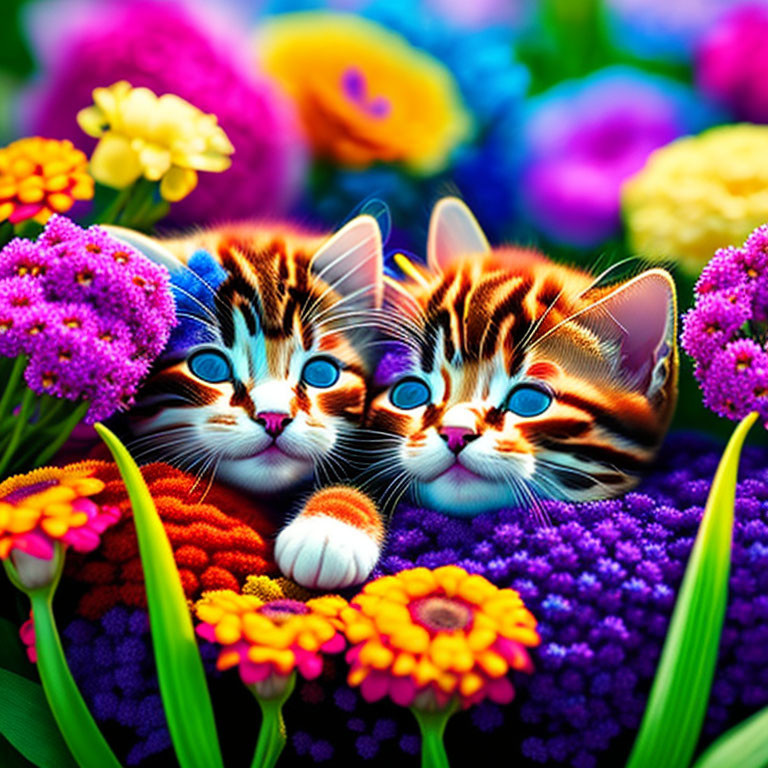 Colorful Kittens Resting in Vibrant Flower Garden