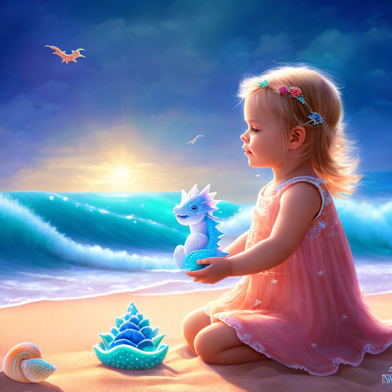 Young girl in pink dress with blue dragon on sandy beach at sunset