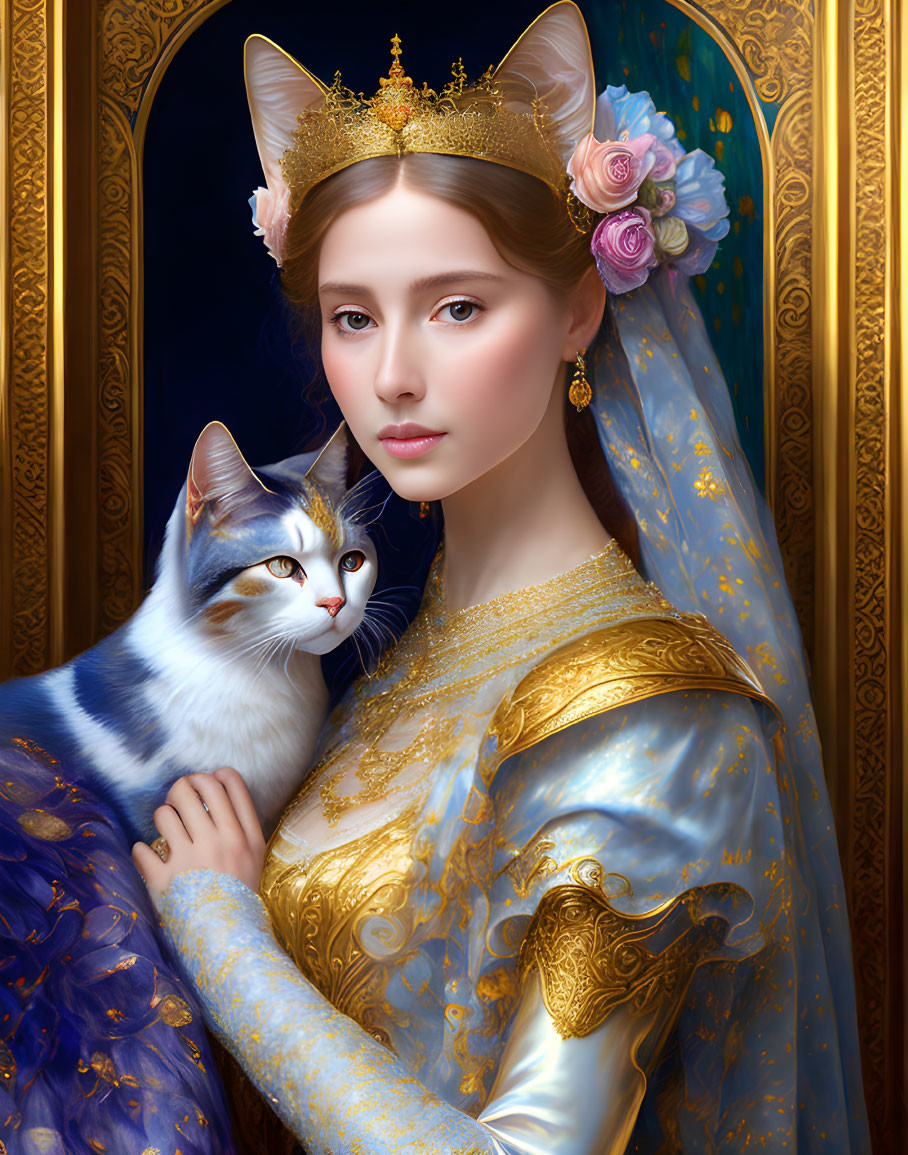 Regal woman in blue and gold dress with cat against ornate backdrop