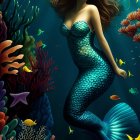 Red-haired mermaid swimming among coral and fish in underwater scene