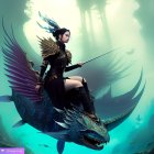 Warrior woman in ornate armor rides giant fish underwater with mystical ambiance.