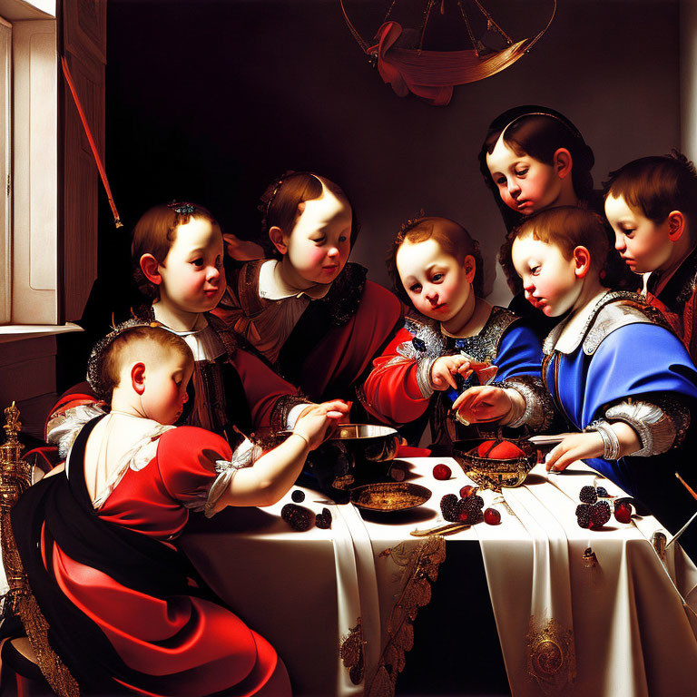 Children in Historical Attire Admiring Celestial Model at Table