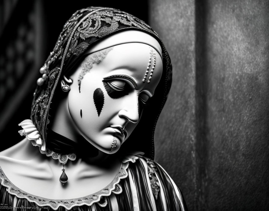 Monochrome image of ornately decorated female mannequin with headscarf, makeup, and jewelry