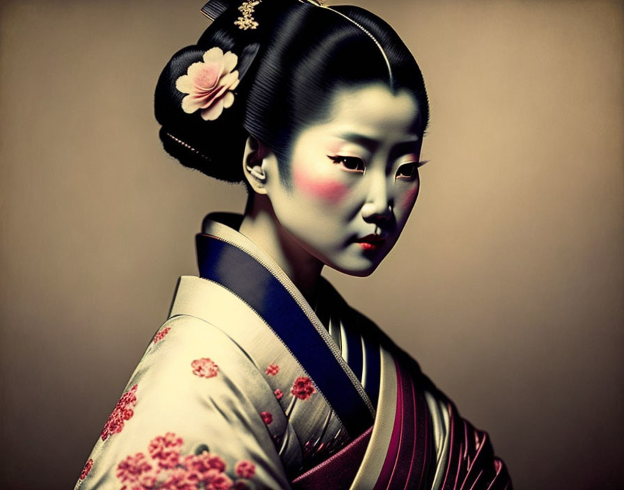 Traditional Japanese Geisha with Floral Hairpiece and Kimono Pattern on Muted Background