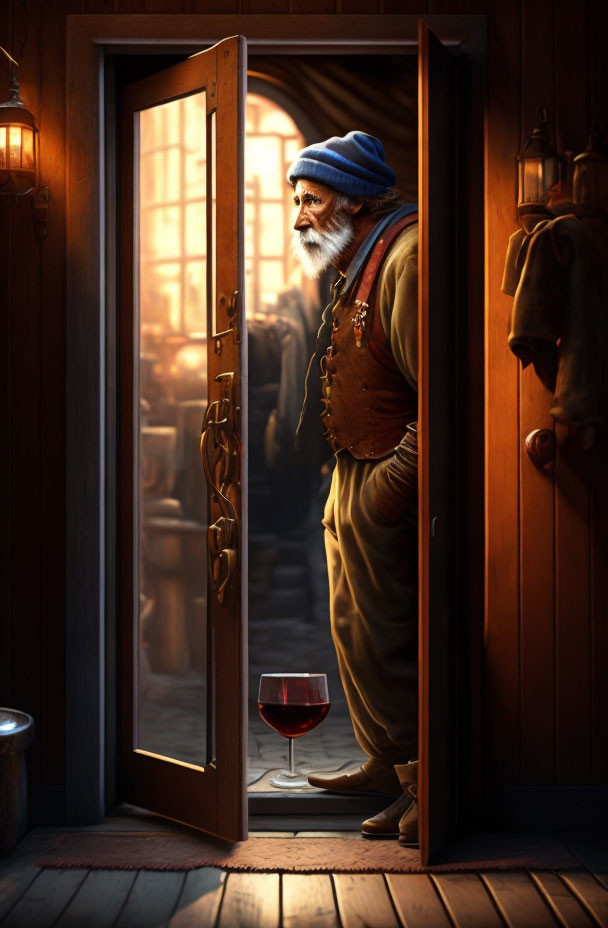 Elderly man with white beard in cozy cabin doorway with glass of wine