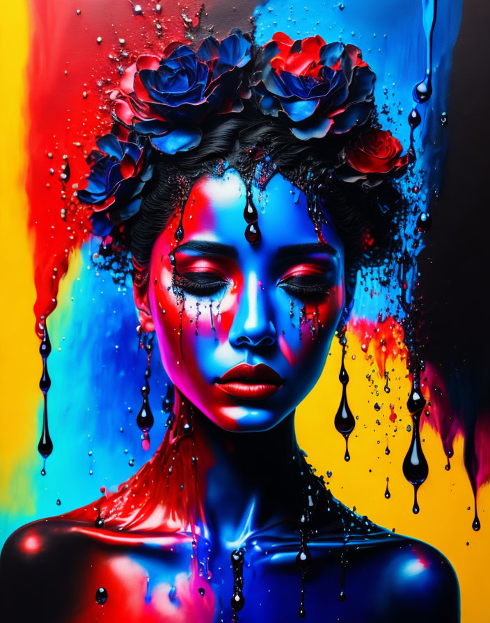 Colorful portrait of person with floral headpiece and paint drips