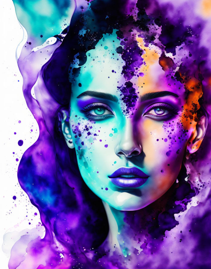 Colorful digital artwork of woman with purple skin and multicolored paint splashes.