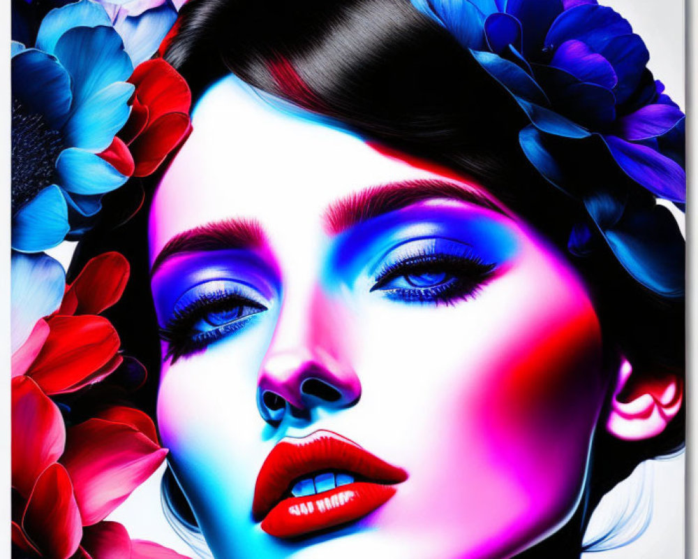 Colorful digital art portrait of a woman with neon flowers and bold blue and pink hues